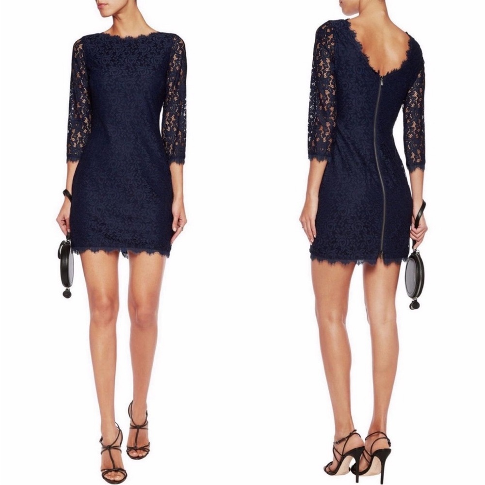 Diane Von Furstenberg Lace Sheath Dress Midnight Navy Sz 4 Cocktail